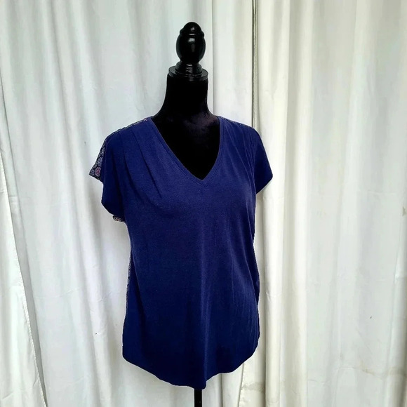 Cabernet Woman's T-Shirt Top Blouse Navy Blue Stretch Back Red Abstract Sz Small - Picture 13 of 13